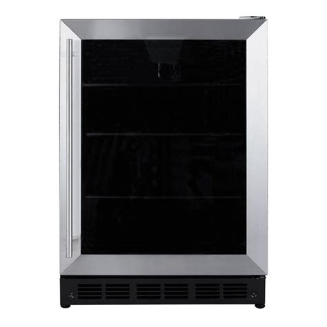 An Empty Stainless Steel Beverage Cooler With Glass Door On The Front