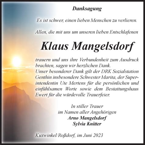 Traueranzeigen Von Klaus Mangelsdorf Abschied Nehmen De