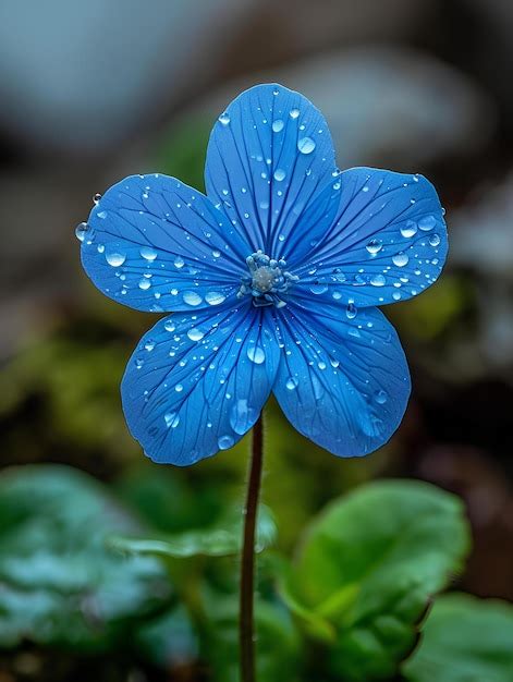 Premium Photo A Blue Flower With Water Droplets On Its Petals And