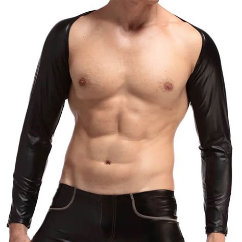 Mens Sexy Faux Leather Crop Tops Long Sleeves Tank Tops Male Gay Bar