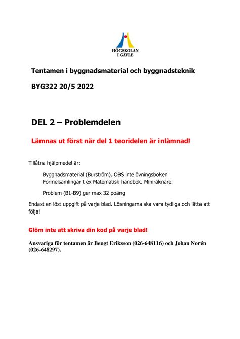 BYG322 Byggnadsmaterial Och Byggnadsteknik Problem 220520 Tentamen I