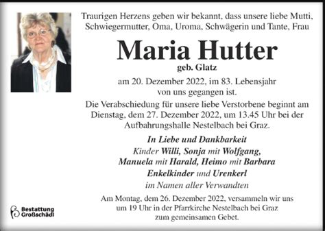 Traueranzeigen Von Maria Hutter Trauerkleinezeitungat
