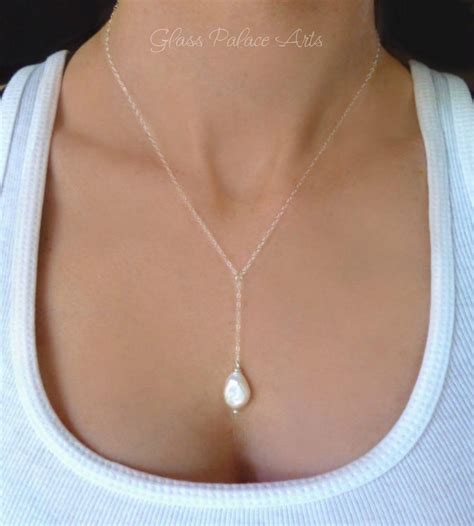 Ivory Pearl Lariat Necklace Freshwater Pearl Teardrop Necklace Pearl