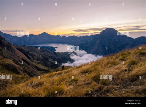 Volcano crater of Mount Rinjani. The mountain is in the Regency of ...