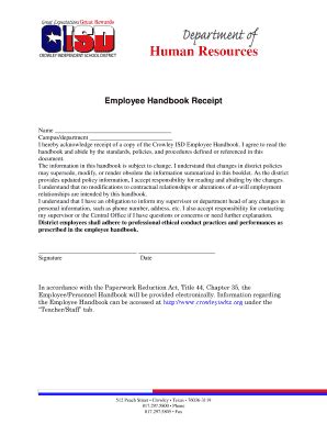 Fillable Online Sww Crowleyisdtx Employee Handbook Receipt Crowley