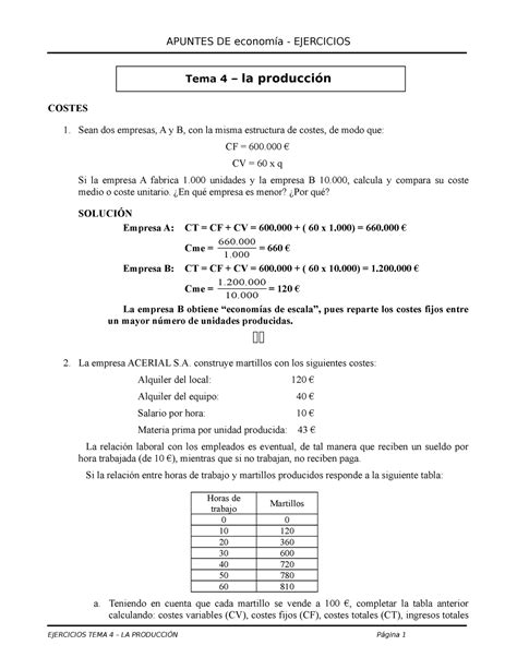 Ejercicios Resueltos Economía 1º Tema 4 Tema 4 La Producción Costes Sean Dos Empresas A Y B