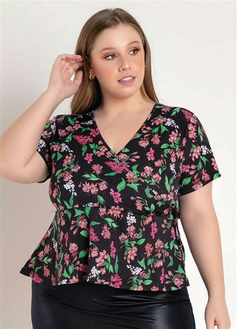 Blusa Floral Peplum Transpassado Plus Size Marguerite