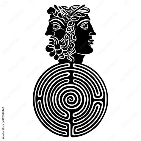 Janus Head On Top Of A Round Spiral Maze Or Labyrinth Symbol Daedalus