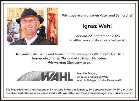 Traueranzeigen Von Ignaz Wahl Schwaebische De Trauerportal