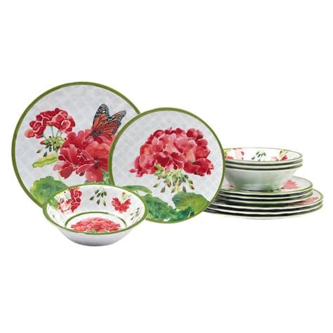 Certified International Geraniums 12 Piece Assorted Colors Melamine Dinnerware Set Service For 4