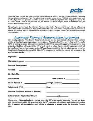 Fillable Online Automatic Payment Authorization Agreement Pctcnet Net