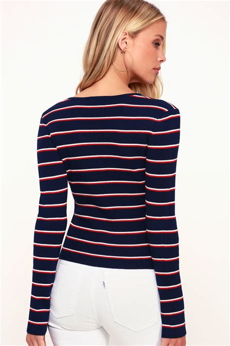 Cute Navy Blue Striped Top Henley Top Long Sleeve Top Lulus