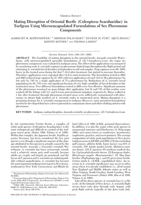 Pdf Mating Disruption Of Oriental Beetle Coleoptera Scarabaeidae In Turfgrass Using