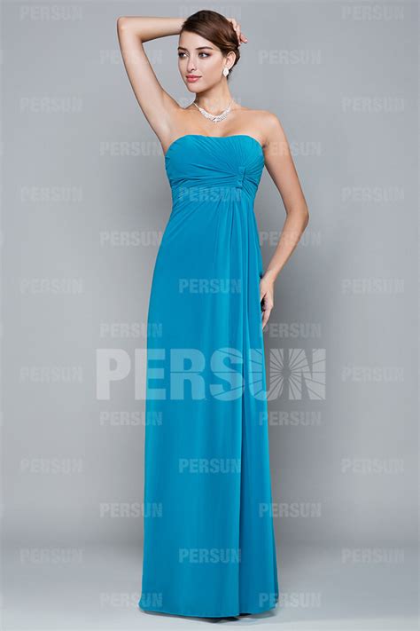 Robe Bleu Turquoise Longue Simple Bustier Plissé Colonne Pour