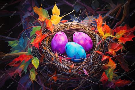 Premium AI Image | A painting of a bird nest with painted eggs neon