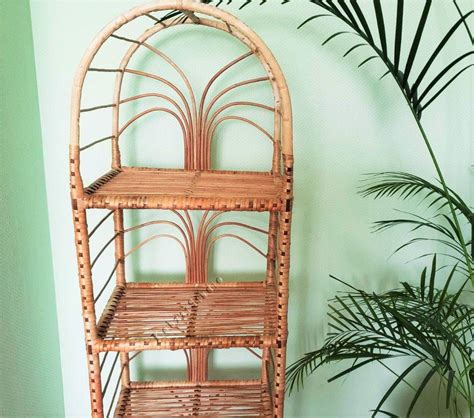 56 Inch Tall Handmade Rattan Shelf Wicker Shelf Etagere Planter Arched Top Bookcase Wicker