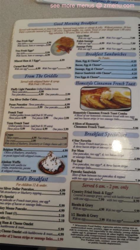 Menu at Four Star Family Restaurant, Plover, WI-54