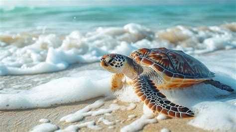 A Sea Turtle Rests On A Tropical Sandy Beach With Gentle Ocean Waves