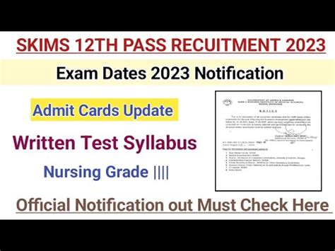 Skims Soura Th Pass Jobs Nursing Grade Iii Admit Cards Exam