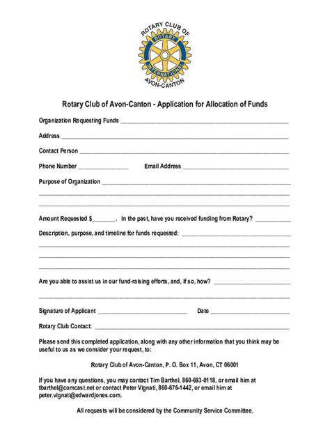 Fillable Online Rotary Club Of Avon Canton Application For Allocation