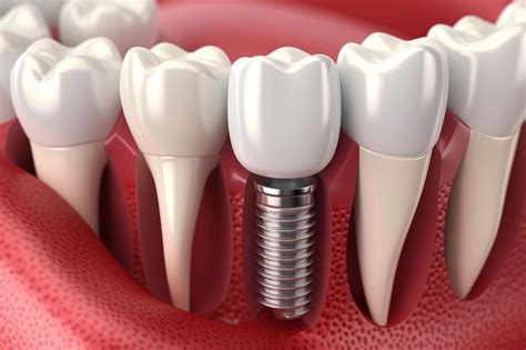 Dientes de implante dental con ilustración de tornillo de implante