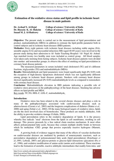 Pdf Estimation Of The Oxidative Stress Status And Lipid Profile In