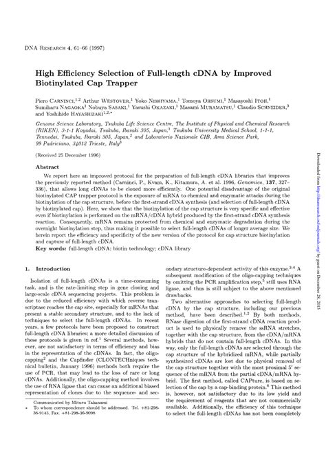 Pdf High Efficiency Selection Of Full Length Cdna By Improved