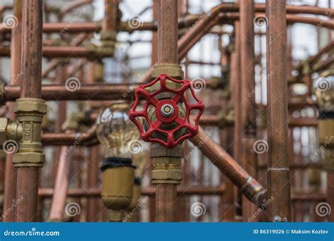 Red Valve On Copper Pipe Construction In Outdoor Stock Photo Image Of