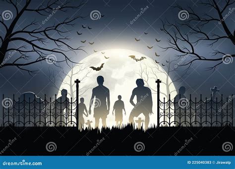 Halloween Zombies Are Walking Out Of The Graveyard On A Full Moon Night