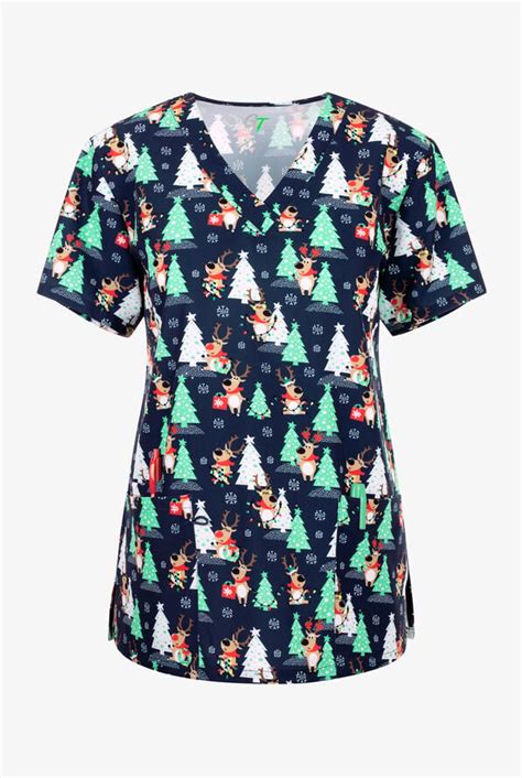 Green Town Reindeer Lights Women S 3 Pocket Stretch V Neck Print Scrub Top Christmas Tops