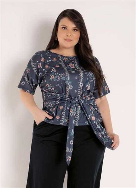 Blusa Floral Preta Amarração Plus Size Queima de Estoque