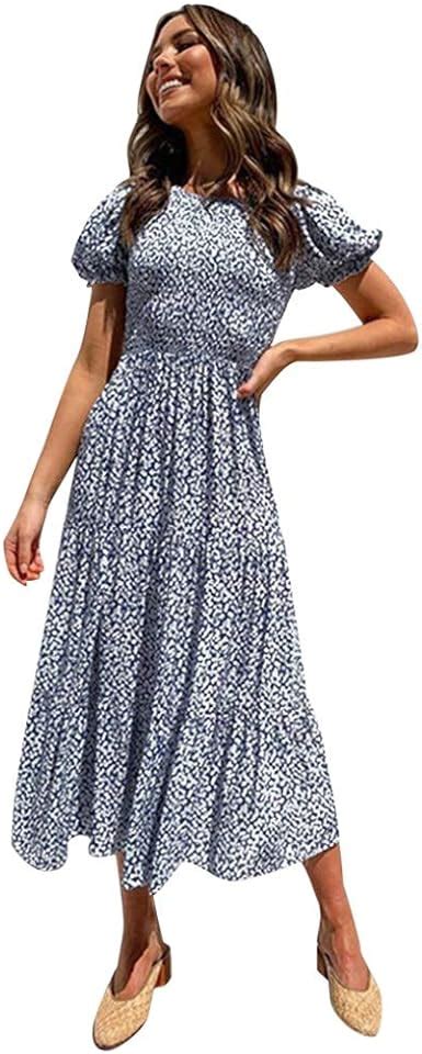 Damen Kurzarm Puffärmel Rockabilly Kleid Bohemia Vintage Sommerkleid Midi Lang Blumendruck