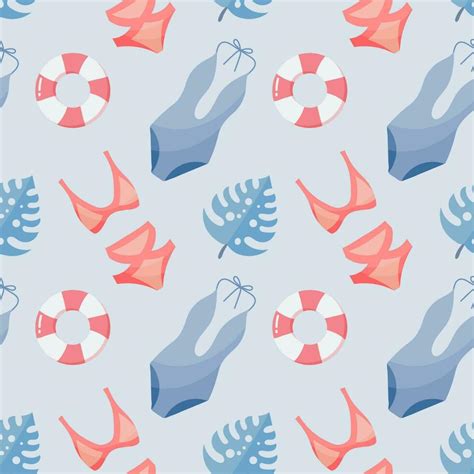 sin costura patrón dibujado De las mujeres bikini trajes de baño y aros salvavidas en un azul