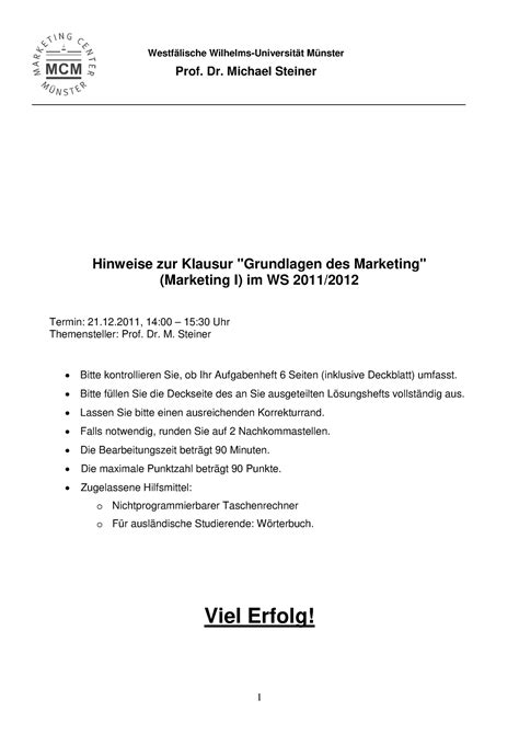 Klausur Marketing I WS 1112 Prof Dr Michael Steiner Hinweise Zur