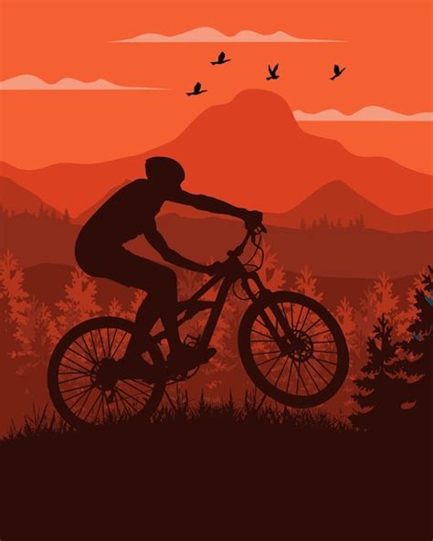 Mountainbike Downhill Und Der Sonnenuntergang Silhouette Vektor Poster