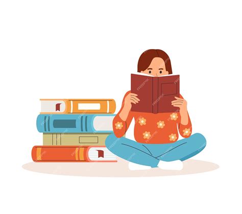 Premium Vector Young Girl Sitting Near Pile Of Books And Reading Book Vector Flat Illustration