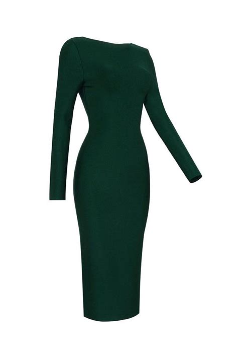 Zip Back Deep V Long Sleeve Cocktail Party Midi Dress Emerald Green Rosedress