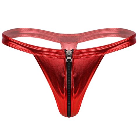 Mens Shiny Metallic Bikini Briefs Zip Front Bulge Pouch Thong G String Underwear EBay