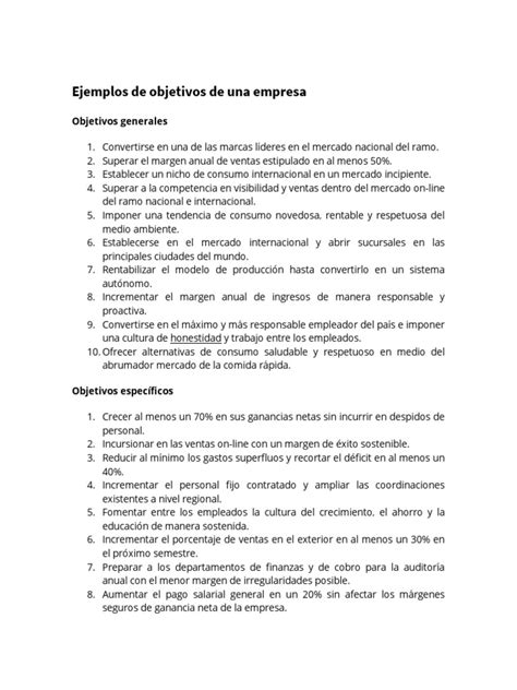 Ejemplos De Objetivos De Una Empresa Pdf Calidad Comercial Business