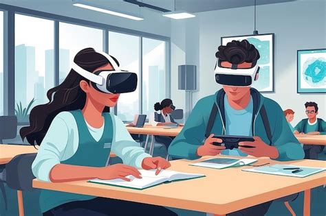 Ilustrar Una Escena De Estudiantes Usando Auriculares De Realidad