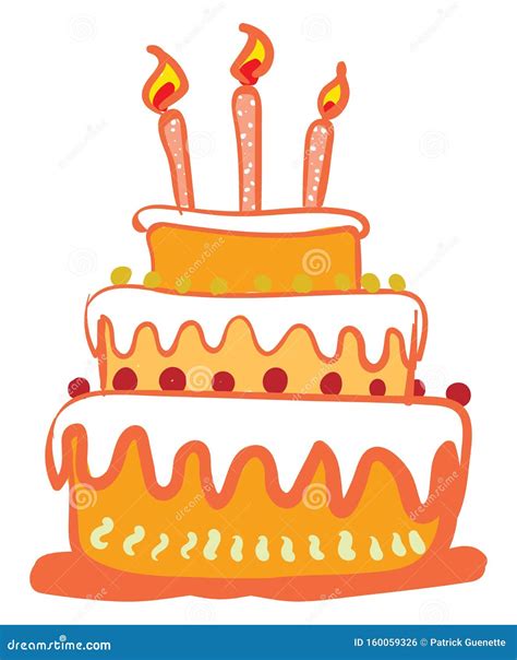 Clipart Of A Beautiful Three Layered Birthday Cake With Three Glowing