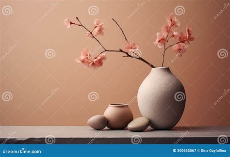 Minimalist Still Life With Ceramic Vase And Cherry Blossoms Stock Image