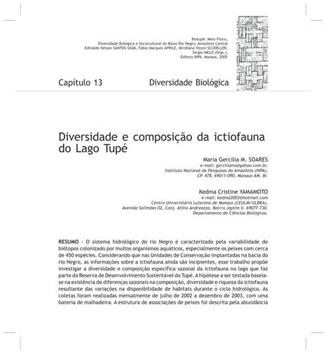 PDF Diversidade e composição da ictiofauna do Lago Tupé baseia se