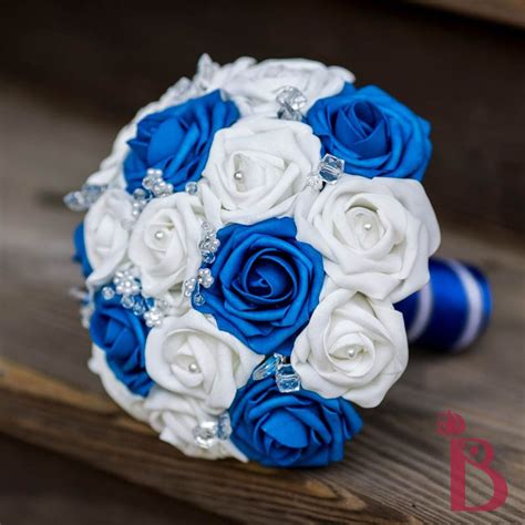 Royal Blue Silver White Wedding Bouquet Silk Roses Flowers Crystals