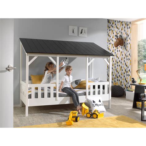 Lit Cabane 90x200 Sommier Inclus Vipack HouseBed Blanc Et Noir Lits