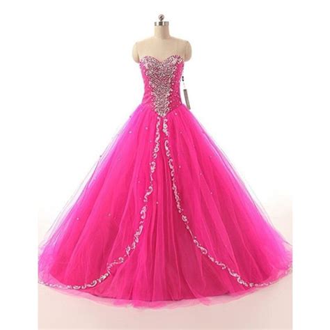 Ball Gown Sweetheart Corset Back Hot Pink Tulle Beaded Puffy Prom Dress