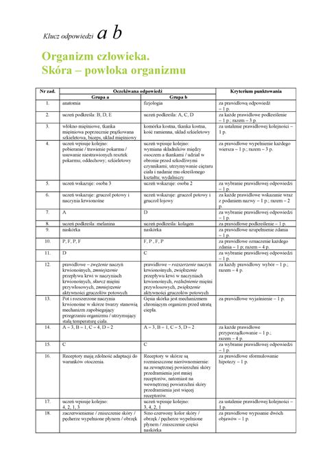 Biologia Skóra odpowiedzi Klucz odpowiedzi a b Organizm człowieka