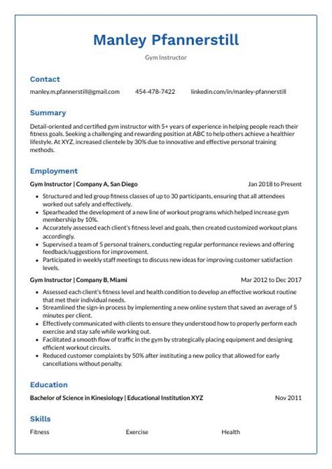 Gym Instructor Resume (CV) Example and Writing Guide