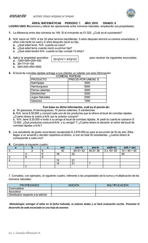 Logro UNO Taller de Nivelación Matemáticas PDF