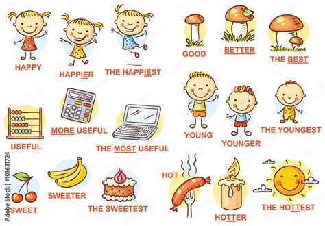 Degrees Of Comparison Of Adjectives In Pictures Colorful Cartoon Stock